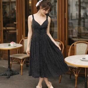 Jacob Silk Polka Dot Midi Dress XS Empire Waist Pleated Black White Balletcore